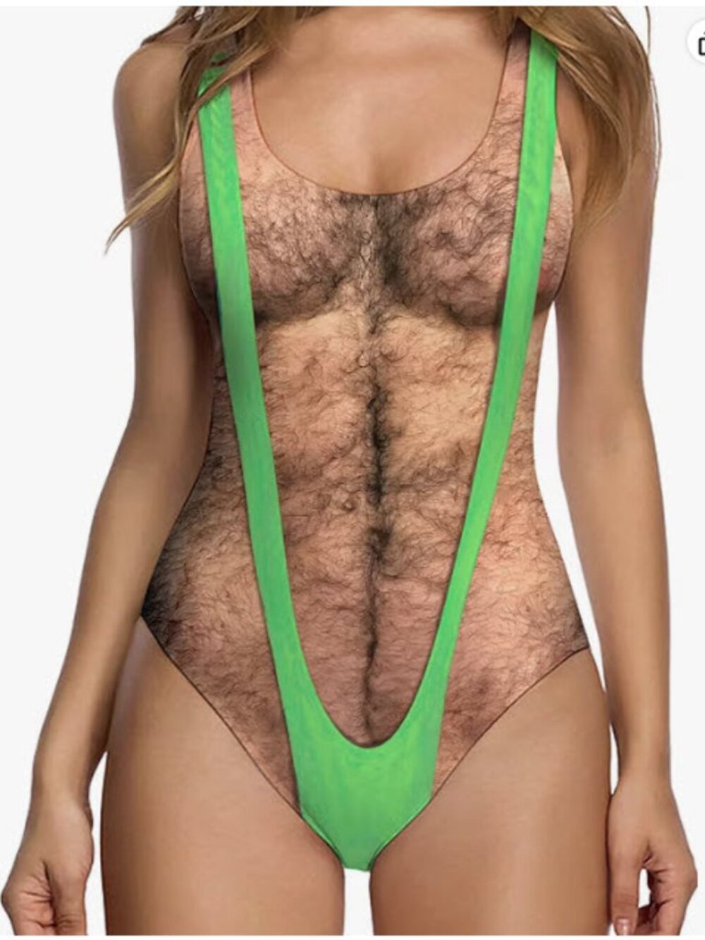 Women Funny Chest Muscle Deep V Backless One Piece Bathing Suit - Like New - L